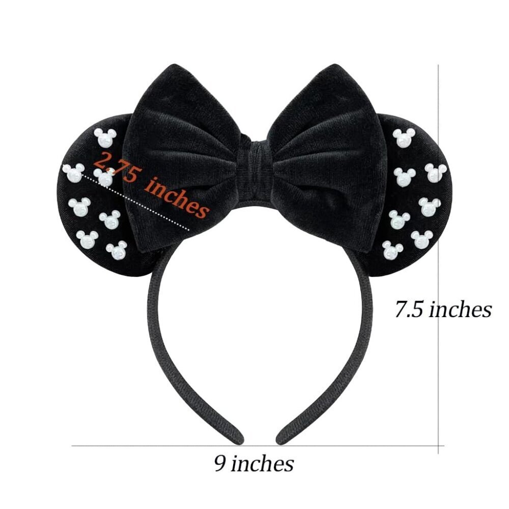 Black Fuzzy Mouse Ears Headband Women Pearl Bows Adults Halloween Cosplay - Picture 5 of 5